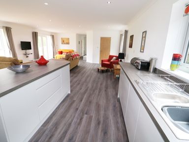An open plan kitchen and living area with white cabinetry a red chair and sofas at Heron Lodge in Mavis Enderby near Spilsby