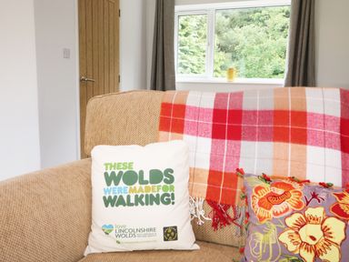 A beige sofa with a white pillow, a plaid throw, and a floral pillow near a window with curtains at Heron Lodge in Mavis Enderby near Spilsby