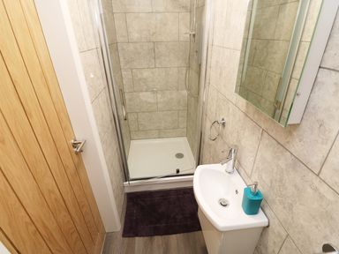 A small bathroom with a corner shower enclosure sink with a soap dispenser and mirror on the wall at Heron Lodge in Mavis Enderby near Spilsby