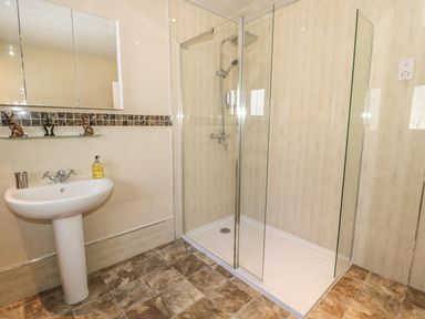 A bathroom with a pedestal sink, a wall-mounted mirror cabinet, a glass shelf with decorative items, and a glass-enclosed shower at Manor House in Warkworth