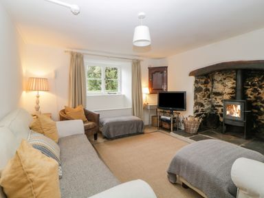 A living room with a sofa armchair ottoman television and a fireplace at Crannacombe Farmhouse in Loddiswell