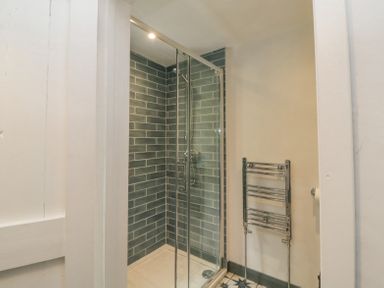 A bathroom with a glass shower enclosure and a chrome towel rack at Crannacombe Farmhouse in Loddiswell