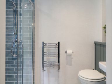 A bathroom with a glass shower enclosure tiled in blue a chrome towel rack a toilet with a closed lid and a toilet paper holder with a roll at Crannacombe Farmhouse Loddiswell