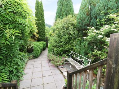 A garden pathway with a white metal bench surrounded by bushes and tall trees at The Cider Barn in Loddiswell