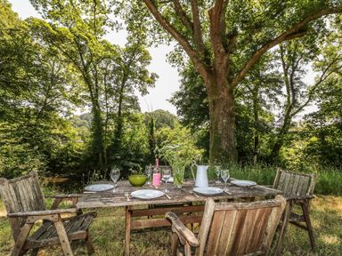 An outdoor wooden table with plates glasses and chairs under large trees at The Cider Barn in Loddiswell