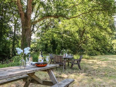 An outdoor area with a wooden picnic table and chairs set up for dining under large trees at The Cider Barn in Loddiswell