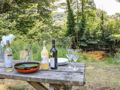 A wooden picnic table with bottles glasses plates and cutlery by a river with trees in the background at The Cider Barn in Loddiswell