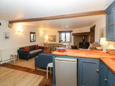 A living area with sofas dining table and kitchen counter with blue cabinets at The Cider Barn in Loddiswell