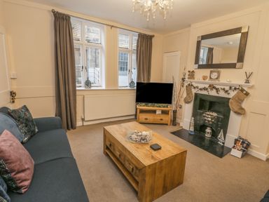 A living room with a sofa cushions and coffee table a television on a stand and a fireplace with stockings and a mirror at Robins Nest Whitby