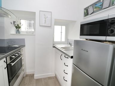A small kitchen with a stove oven, sink, refrigerator, microwave, two windows, and flowers on a windowsill at Ty Coed in Llanberis