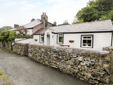 A white stone cottage with a slate roof behind a stone wall on a street at Ty Coed in Llanberis