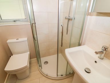 A bathroom with a toilet shower enclosure and sink at Willow Lodge in Troutbeck Bridge
