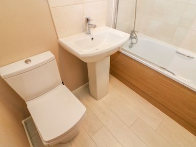 A bathroom with a toilet a pedestal sink and a bathtub with wooden paneling at Willow Lodge in Troutbeck Bridge