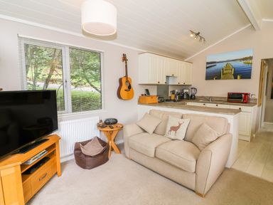 A living room with a beige sofa a wooden TV stand with a television a small wooden side table a guitar hanging on the wall and a kitchen area with white cabinets and appliances at Willow Lodge in Troutbeck Bridge