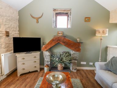 A living room with a television on a dresser stone fireplace with wood beam and plants a floor lamp and a sofa at Beudy in Chwilog