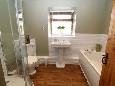 A bathroom with a shower enclosure toilet sink bathtub and wooden floor at Beudy in Chwilog