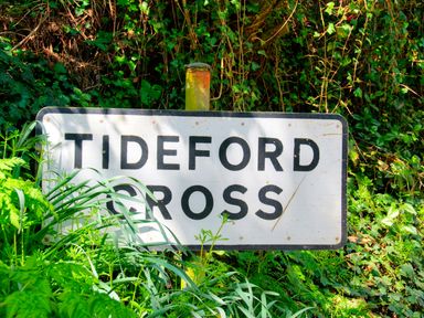 A road sign with the text Tideford Cross surrounded by green plants and foliage