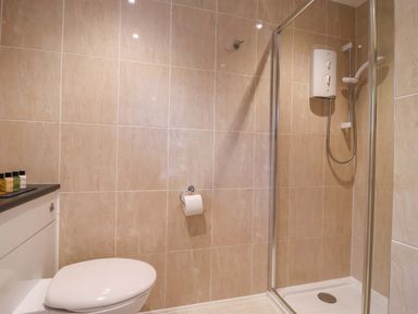 A bathroom with a shower and toilet at Cawsand in Tideford