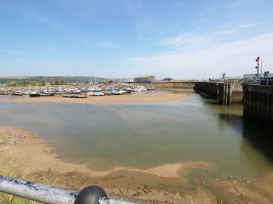 A marina with boats docked near a sandy shore and a concrete pier at 5 Chandlers Yard in Burry Port