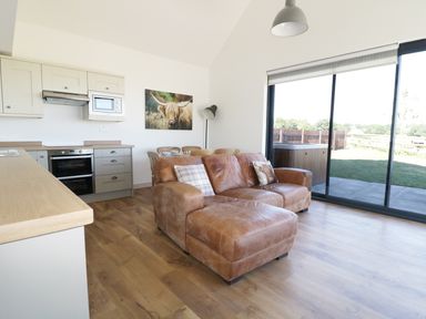 An open living room and kitchen with a brown leather sofa near a sliding glass door at Heron Lodge Castle Farm in Wedmore