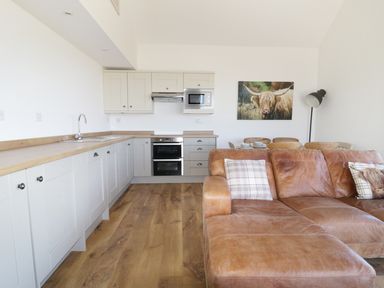 A kitchen with white cabinets and wooden countertop next to a brown leather sofa and dining table with chairs at Heron Lodge Castle Farm Wedmore