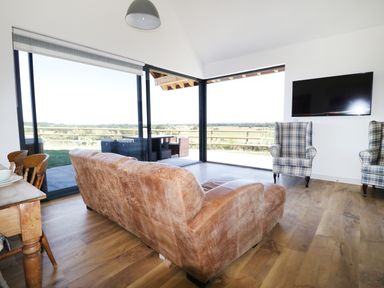 A living room with a brown couch two plaid armchairs a wall mounted TV large windows overlooking an outdoor patio at Heron Lodge Castle Farm in Wedmore