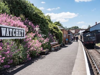 A train platform with pink flowers a wooden bench people and a steam train at Watchet