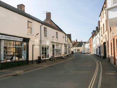 A street with shops and cars parked along the side in a town