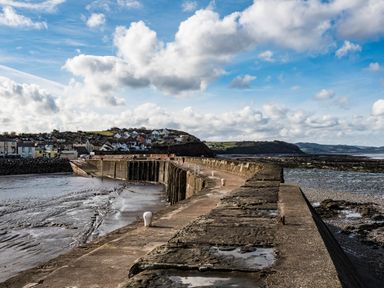 A coastal town with houses on a hill and a stone pier extending into the water at Harbour View Cottage in Watchet