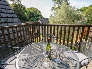 A balcony with a round metal table two wine glasses and a bottle surrounded by metal chairs at Running Waters in Callington