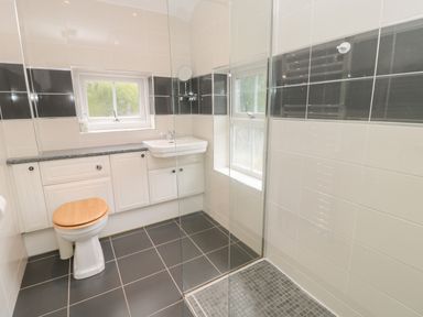 A bathroom with a toilet, sink, cabinets, two windows, and a shower area at Red Squirrel Cottage, 5 Biddlestone in Rothbury