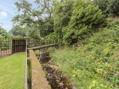 A wooden footbridge over a small stream with a grassy area and dense trees at Red Squirrel Cottage 5 Biddlestone in Rothbury
