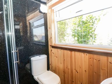 A bathroom with a white toilet and a window showing green plants outside at Blackbrae Cabin in Glenboig near Coatbridge Glasgow and Stirling