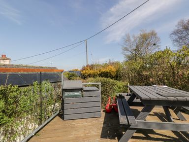 An outdoor wooden deck with a barbecue grill and a picnic table surrounded by bushes at Blackbrae Cabin in Glenboig near Coatbridge Glasgow and Stirling