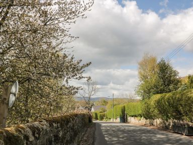 A country road lined with stone walls and hedges under a partly cloudy sky at Blackbrae Cabin in Glenboig near Coatbridge Glasgow and Stirling