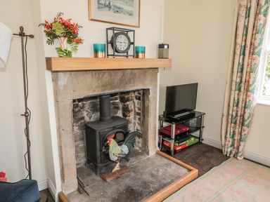 A stone fireplace with a wood burner and decorative rooster figurine a clock and flowers on the mantel a TV on a glass stand and patterned curtains by the window at Newbiggin Cottage in Blanchland