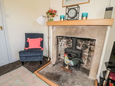 A corner with a stone fireplace containing a black wood stove and a decorative rooster a blue chair with a pink cushion a floor lamp and a wooden mantel with a clock flowers and two candle holders at Newbiggin Cottage in Blanchland