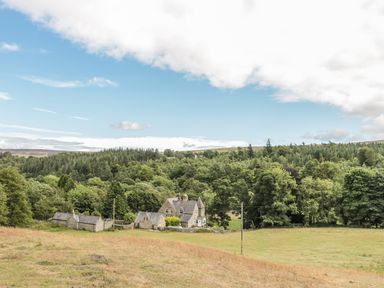 A group of stone houses surrounded by trees and fields under a cloudy sky at Newbiggin Cottage in Blanchland