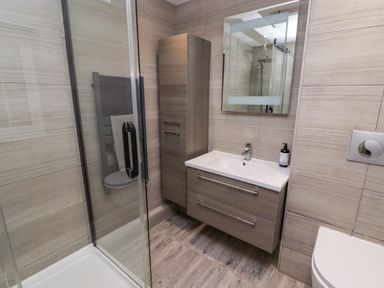 A bathroom with a glass shower enclosure sink with cabinet mirror and toilet at Hiraeth in Cwmtaf near Cefn-Coed-Y-Cymmer