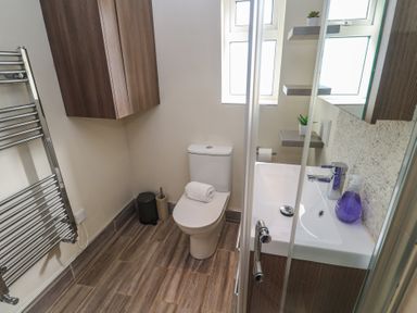 A bathroom with a toilet a sink a towel rack and wooden cabinets at Kittiwake Crantock