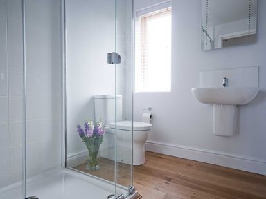 A bathroom with a shower enclosure a toilet a sink a mirror a window with blinds and flowers on the floor at Kareena in Crantock