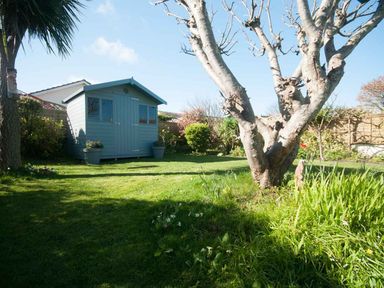 A garden with grass a tree and a blue wooden shed at Keelyn in Crantock