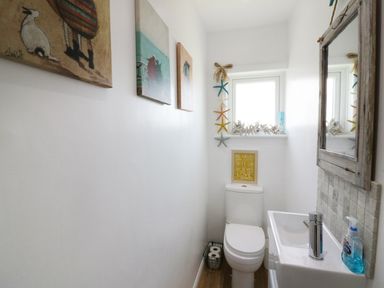 A small bathroom with a toilet and sink and starfish decorations by the window at Keelyn in Crantock
