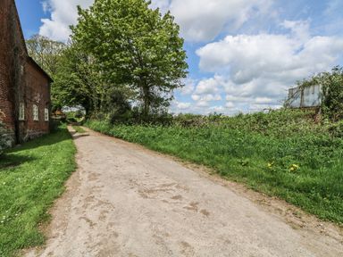 A country road with grass and trees alongside a red brick building at Downs View Dairy in West Tytherley