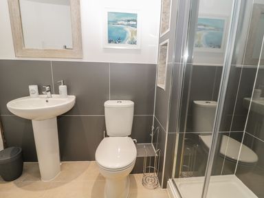 A bathroom with a sink, toilet, and shower at The Turnip Barn