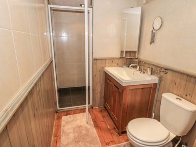 A bathroom with a toilet sink vanity and shower at Rose Cottage in Penrhiwllan