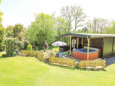 A wooden cabin with a hot tub patio umbrella chairs a small fence and a barbecue in a garden at Brook Lodge Penrhiwllan