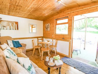 A wooden cabin living room with a sofa, armchair, small round dining table with four chairs, and open door to outside at Brook Lodge Penrhiwllan
