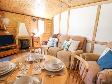 A living room with a dining table set with dishes and glasses a sofa and armchair with cushions a fireplace and a television at Brook Lodge in Penrhiwllan