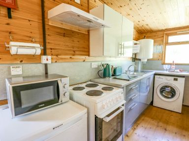 A kitchen with wooden walls and ceiling containing a microwave oven electric stove kettle toaster sink washing machine and countertop at Brook Lodge in Penrhiwllan